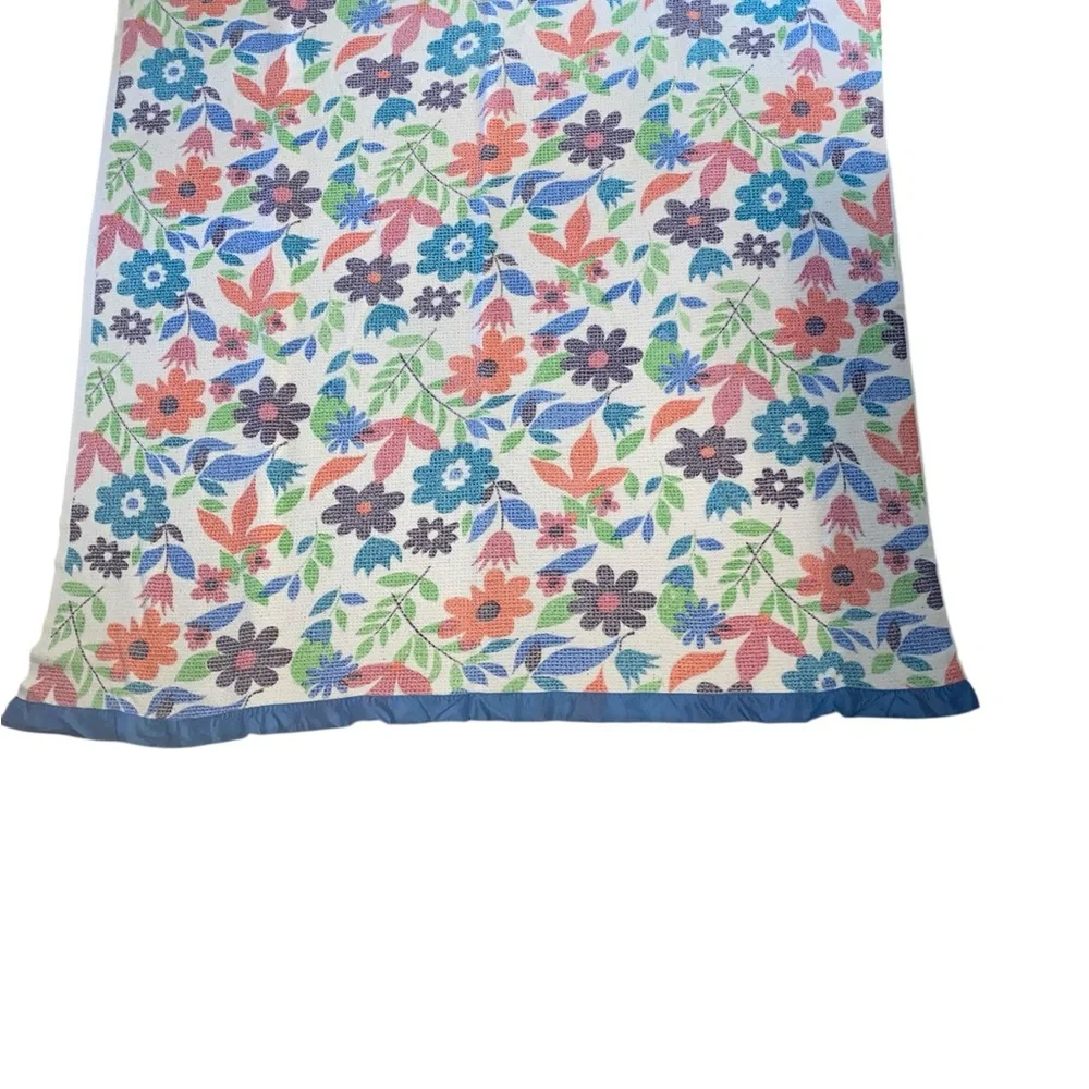 Vintage 60s 70s Floral Multicolor flower power print Blue Silky trim Blanket